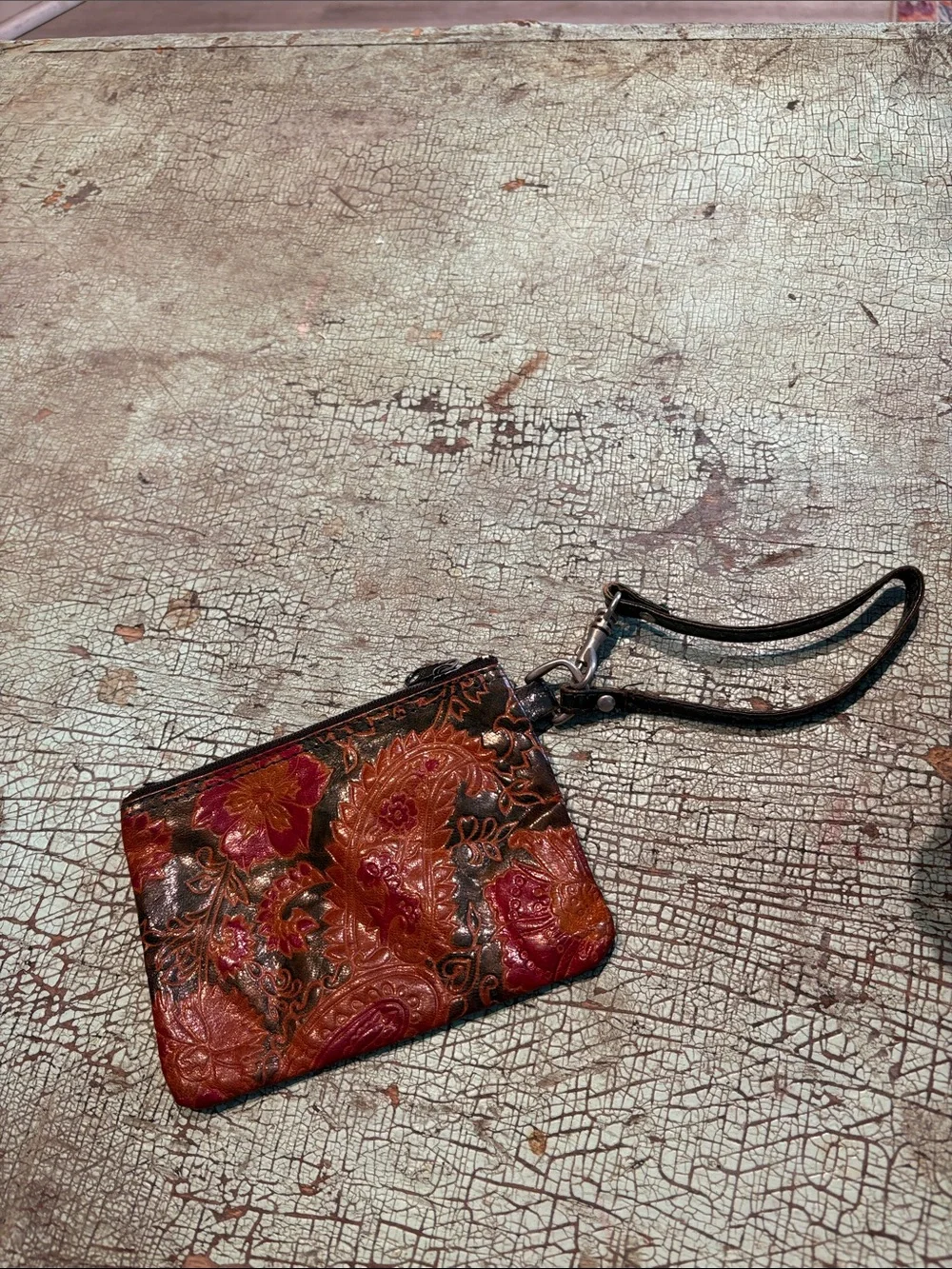 Tooled Leather Floral Paisley Wristlet Coin Purse Boho Western Brown Red Green